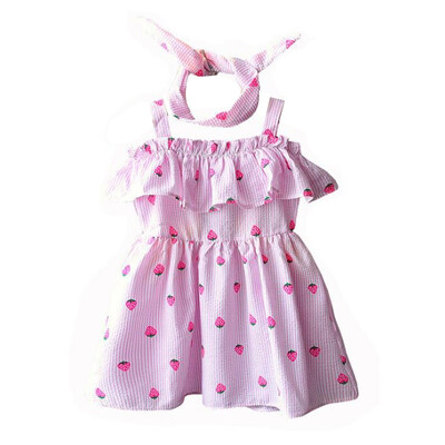 

Summer Casual Baby Girls Off-shoulder Strawberry Striped Sleeveless Dress Headband Set Kids Toddler Sling Sundress