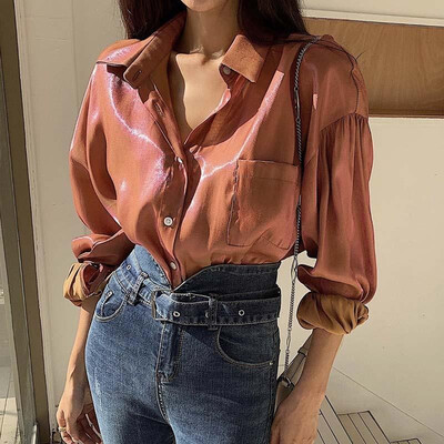 

Women Blouse Turn-down Collar Long Puff Sleeve Pocket Buttons Low High Irregular Hemline Loose Vintage Tops