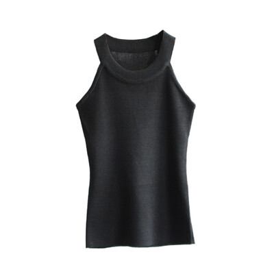 

Summer casual&sexy Sleeveless T-shirt Sexy Women Basic Tees Tops Halter Solid Color Knitted Cropped T-shirt