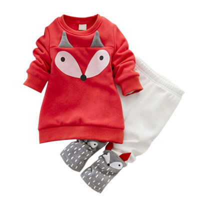 

1-4Y Small Cartoon Fox Cotton Thick Velvet Long-Sleeved Warm Winter Sweater Suits Sets For Baby Boys Girls