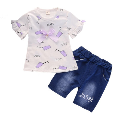 

Summer Children Sets Baby Girls Short Sleeve T-Shirt Pants Set Casual Denim Pant 2 Pcsset Girls Clothes Set Summer