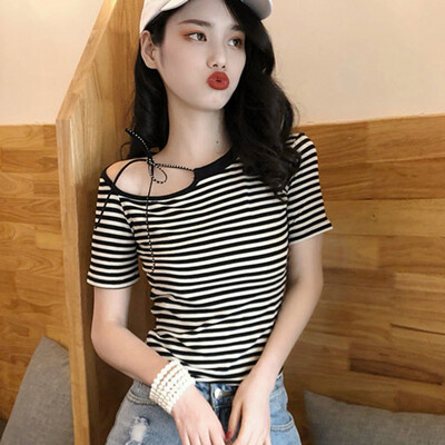 

Sexy Sweet Fashion Womens Asymmetrical Collar Short Sleeve Striped Lace Up Summer T-Shirt