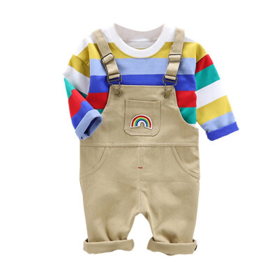 

Spring Autumn Casual Fashion Baby Kids Rainbow Striped Long Sleeve Top And Suspender Trousers Clothing Sets