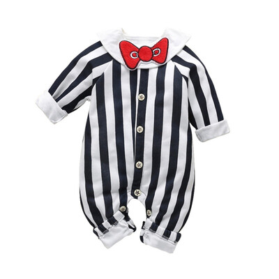 

Autumn Winter Romper Long Sleeve Bib 2 Pcs Baby Boys Girls Cotton Gentleman Striped Jumpsuit Bow Bibs
