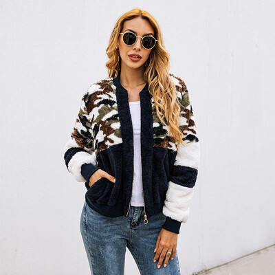 

Women Warm Fleeces Bomber Jacket Leopard Zipper Front Pockets Winter Furry Coat Casual Overcoat Outwear