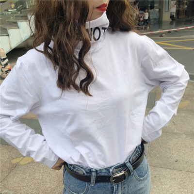 

New Women outerwear Tops Autumn Women High Tall Collar Long Sleeve Letter Printed T-shirt knitted Bottoming Shirt