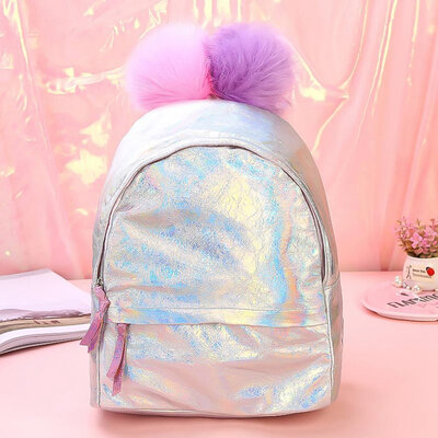 

Fashion Women Girl Holographic Laser Backpack Student Girl Pu Leather Backpack With Big Plush Ball Schoolbag Tote Bag