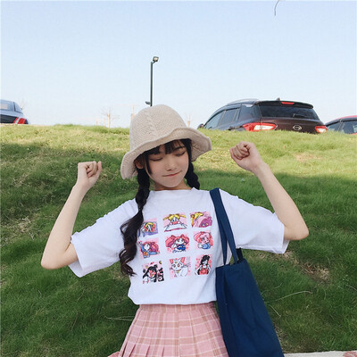 

Summer Womens Fashion Large Size Casual Harajuku Cartoon Letters ulzzang Sailor Moon Short Sleeve Funny Half T-Shirt