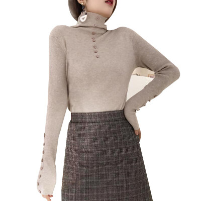 

Autumn Winter New Slim Solid Color Women Sweater Fashion Trend Button Turtleneck Long Sleeve Knit Pullover