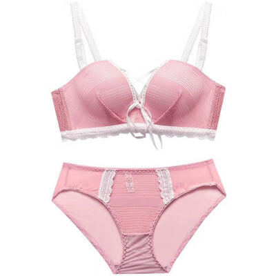 

Sexy Women Lingerie Set Lace-up Solid Color Bra Set Cross Hollow Gathered Wire Free Sweet Breathable Panties Bra Set