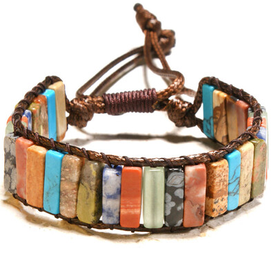 

2019 Multi Color Natural Stone Tube Beads Leather Wrap Bracelet Square Stone Handmade Jewelry Bracelet For Women Men