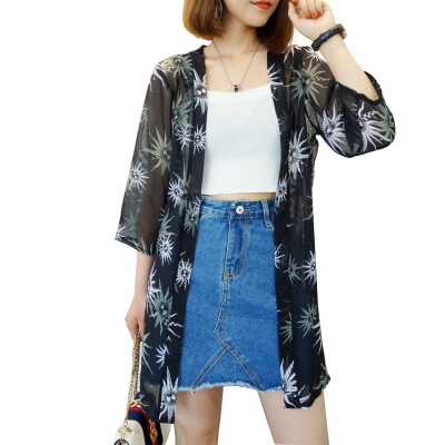 

Summer Womens Cropped Sleeve Print Long Kimono Cardigan Blusas Jacket Casual Loose Sunblock Shirt