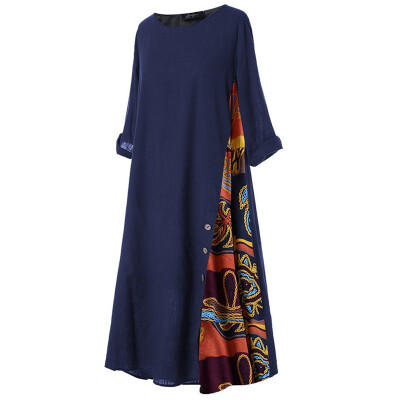 

Autumn Dress Patchwork Casual Three Quarter Sleeve O-neck Button High Low Hem Plus Size 3XL Long Dress Vestido