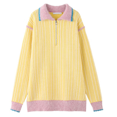 

Turn-down Collar Sweater Women Autumn Knit Stripe Sweater Solid Color Long-Sleeved Casual Wild Slim Loose Tops Pull Femme