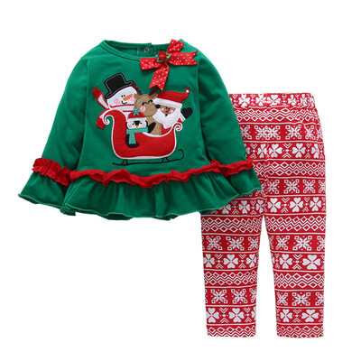 

Christmas Childrens Clothing Girls Print Long-sleeved Striped Elk Home ServiceT-shirt Pants Mesh Skirt Two-piece