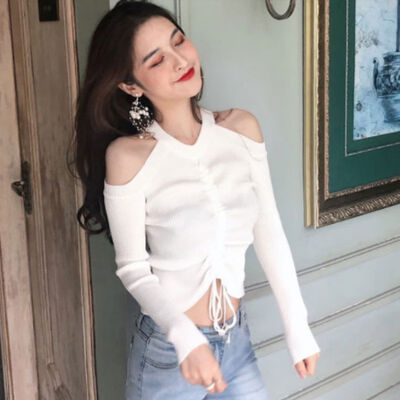 

Womens Clothing halter off shoulder Drawstring Lace Up Pleated long sleeve new solid spring Fashion Knitting thin women sweater