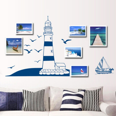 

Wall Sticker Decoration Blue Sailboat Seagull Wall Stickers Modern Landscape PVC Pure Style Photo Frame Decorative TV Background