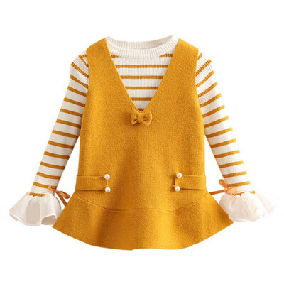 

2019 New Autumn Casual Baby Girls Stripe Print Long Flare Sleeve 2 Piece Dress Kids Princess Dresses