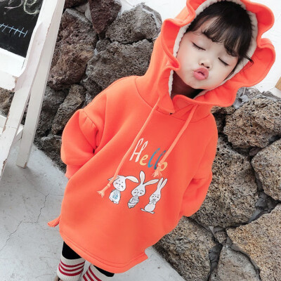 

1-7T Children Girl Clothes Winter Plus Velvet Baby Girls Cartoon Print Sweater Long Sleeves Casual Hat Collar Sweet Tops