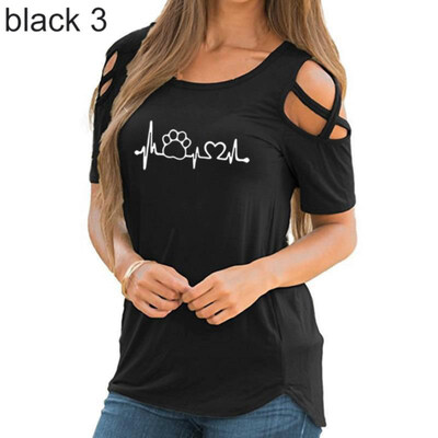 

Summer Casual Paw Print Cross Off Shoulder Short Sleeve O-Neck Women T-Shirt Top