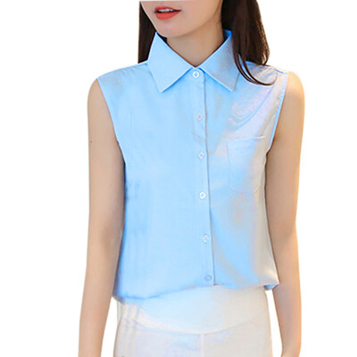 

Korean Sleeveless Turn-down Collar Pockets Solid Office Lady Blouse Shirt Wild WhiteBlue Color Summer Womens Tops And Blouses