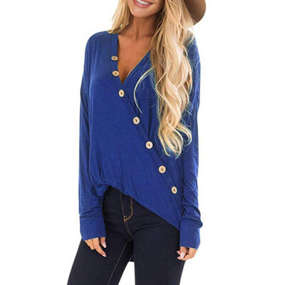 

T-Shirts Women Autumn New Style All-match Solid Color V Collar Long Sleeve Button T-shirts