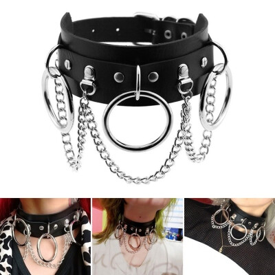 

Punk Street Snap Nightclub PU Leather Choker Metal Ring Chain Necklace Collar Rivets Goth Belt