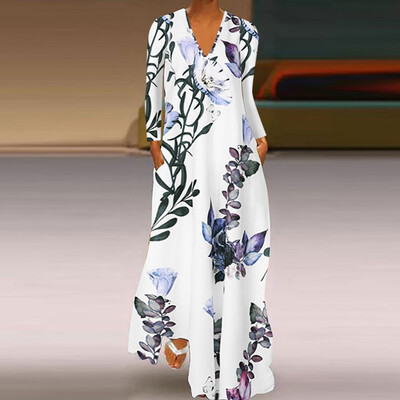 

Tailored Fashion Women Casual Plus Size V-Neck Flower Print Long Sleeve Loose Dress