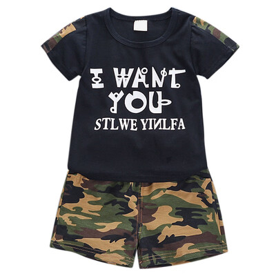 

2PcsSet Summer Children Baby Boys Casual Short Sleeve Letter Print T-shirt TopsCamouflage Shorts Suits Costume Set