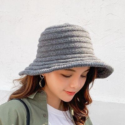 

The new Korean winter 2019 purchasing womens warm knit Joker foldable striped solid color fisherman hat basin hat