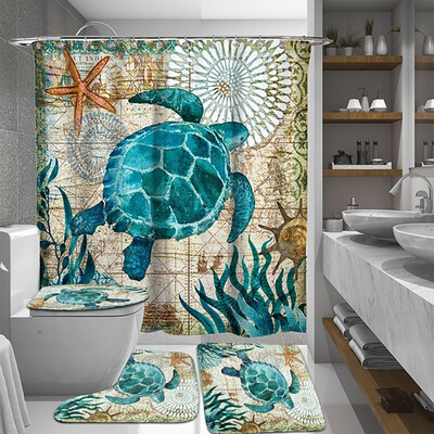 

Sea Turtles Waterproof Toilet Cover Mat Non-Slip Rug Set Bathroom Shower Curtain