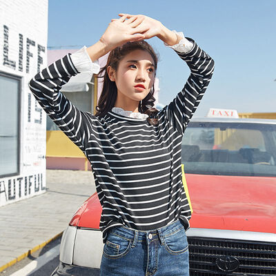 

Korean Style Flare Long Sleeve T Shirts Womens Harajuku Striped T Shirt Female Casual Student T-shirt