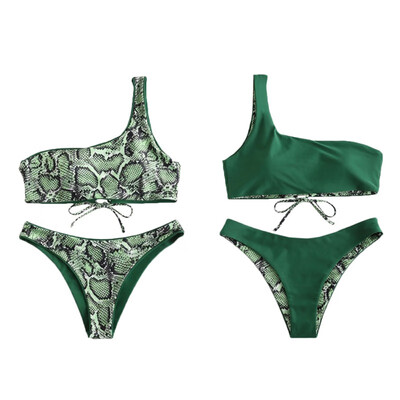 

Artificial Snake Skin Printed Women Tankini One Shoulder Lace-up Thick Bikini Swimwear Lady Padded Bra Beach Suit Swimsuit