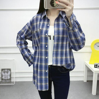 

Women Long Sleeve Blouse Vintage Casual Plaid Shirt Female Harajuku Womens Shirts
