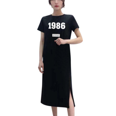 

New Women Round Collar Short Sleeve Cartoon Print Long T-shirt Loose Mid-length Casual Dress