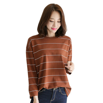 

Korean Style Long Sleeve O-neck T Shirts Women New Hot Sale Student T-shirt Womens Fashion Striped Female Femme Lady