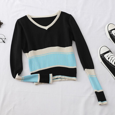 

Slim Long-sleeved Knitted Shirt Women Fahsion Sweater Women Stitching V-neck T-shirt