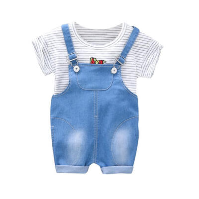 

Summer Baby Boys Girl Short Sleeve Stripe Print Tops T-ShirtsStrap Short Pant Casual Outfits Sets 6M-4T