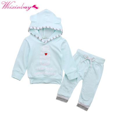 

2 pcsSet Fashion Newborn Pure Colors Baby Boy Girl Long Sleeve Hoodie Milk bottle Top Striped Pants Outfits Clothes Set