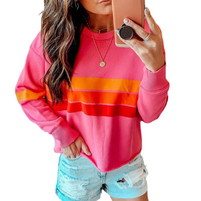 

Women Autumn Round Collar Patchwork Striped Causal Loose Long Sleeve Simple Wild Pullover