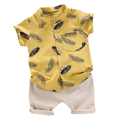 

Summer Baby Boys Casual Short Sleeve Floral Feather Print shirt TopsShorts Costume Set