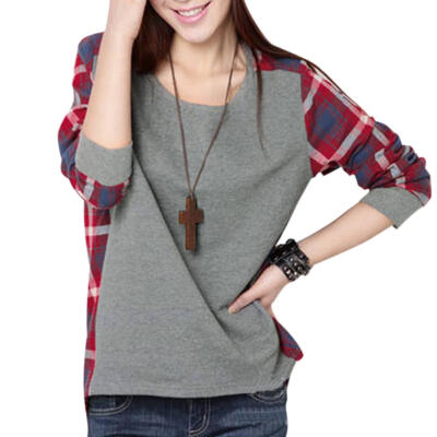 

Autumn Casual Women Blouse O-neck Plaid Splicing Loose Long Sleeve Tops