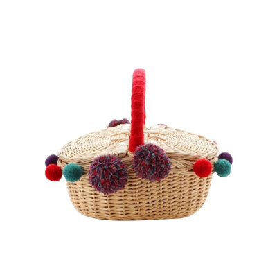 

New Handmade Wicker Basket With Handle Double Lids And Colorful Pom Poms Camping Picnic Shopping Storage Basket Organizer