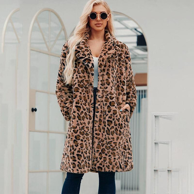 

Women Jacekt Fluffy Faux Fur Leopard Print Notched Neckline Side Pocket Long Sleeve Warm Elegant Coat