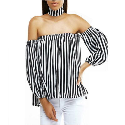 

Tops Sexy Off Shoulder Autumn Korean Casual Style Elegant Full Sleeve Female Black Striped Blouse Girls HalterTop