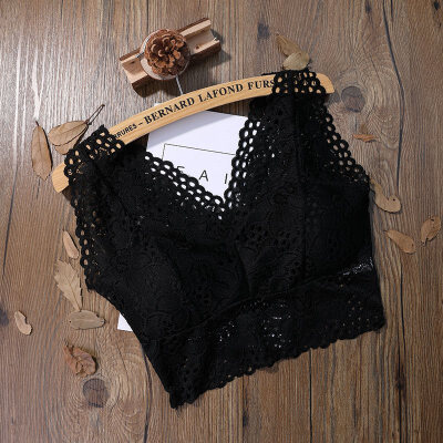 

Fashion New Ladies Sexy Lace Deep V-Neck Solid Color Flowers Hollow Lace Hem Vest Detachable Chest Pad Camis Tops Women
