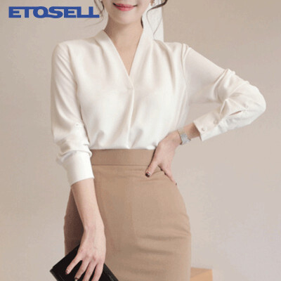 

ETOSELL 2018 Hem V-neck simple long-sleeved chiffon shirts Office Lady Solid Long Sleeve Slim Pullovers Female Blouses