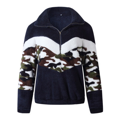 

Women Camouflage Print Matching High Collar Zipper Sweatshirt Autumn Winter Loose Casual Long Sleeve Warm Pullover bluzy damskie