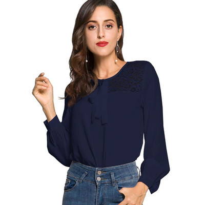

Office Lace Chiffon Womnes Shirt Hollow Out Patchwork Long Sleeve Blouse Bow Tie Slim Shirts Women Elegant Tops Navy White