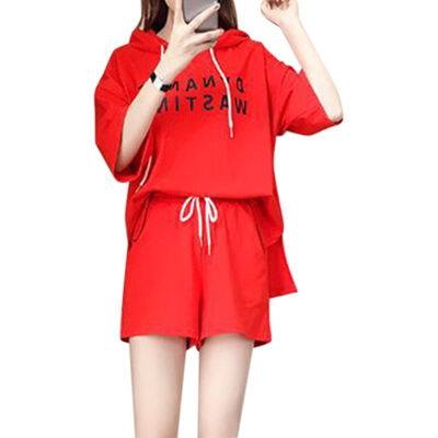 

Women Summer Loose Simple Letter Print Hooded Short-sleeved Tops Drawstring Solid Color Casual Shorts Two-Piece set women